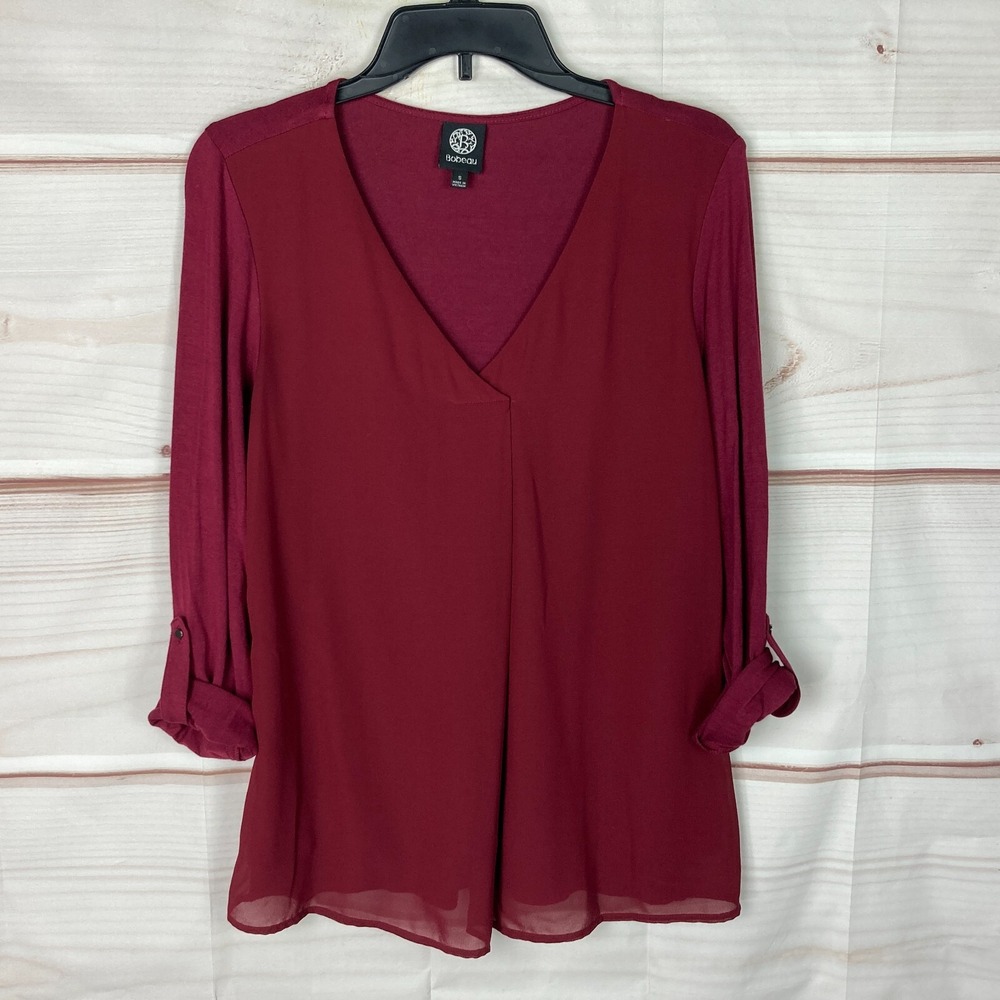 Bobeau Top Womens Small Red V-Neck Knit Woven Blouse Tab Sleeve Pullover Solid